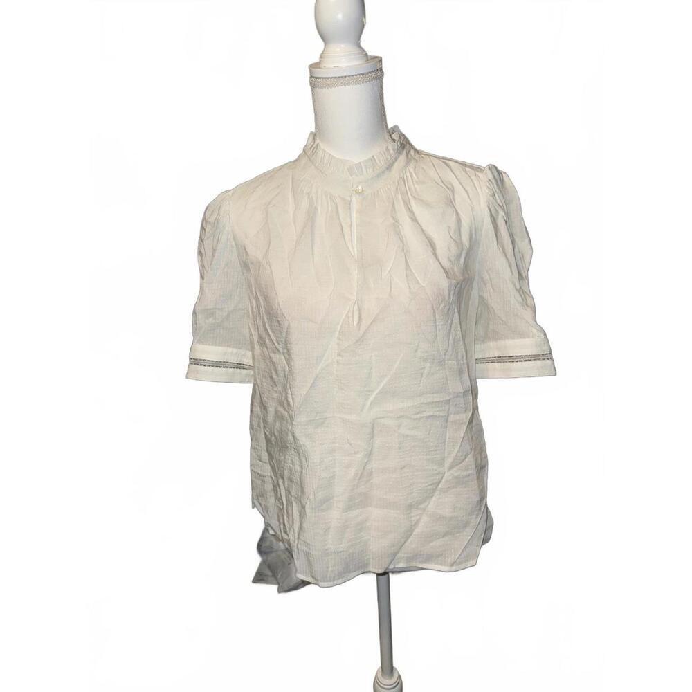 New Frame White Short Sleeve Blouse With Ruffled Collar, Large (0758)